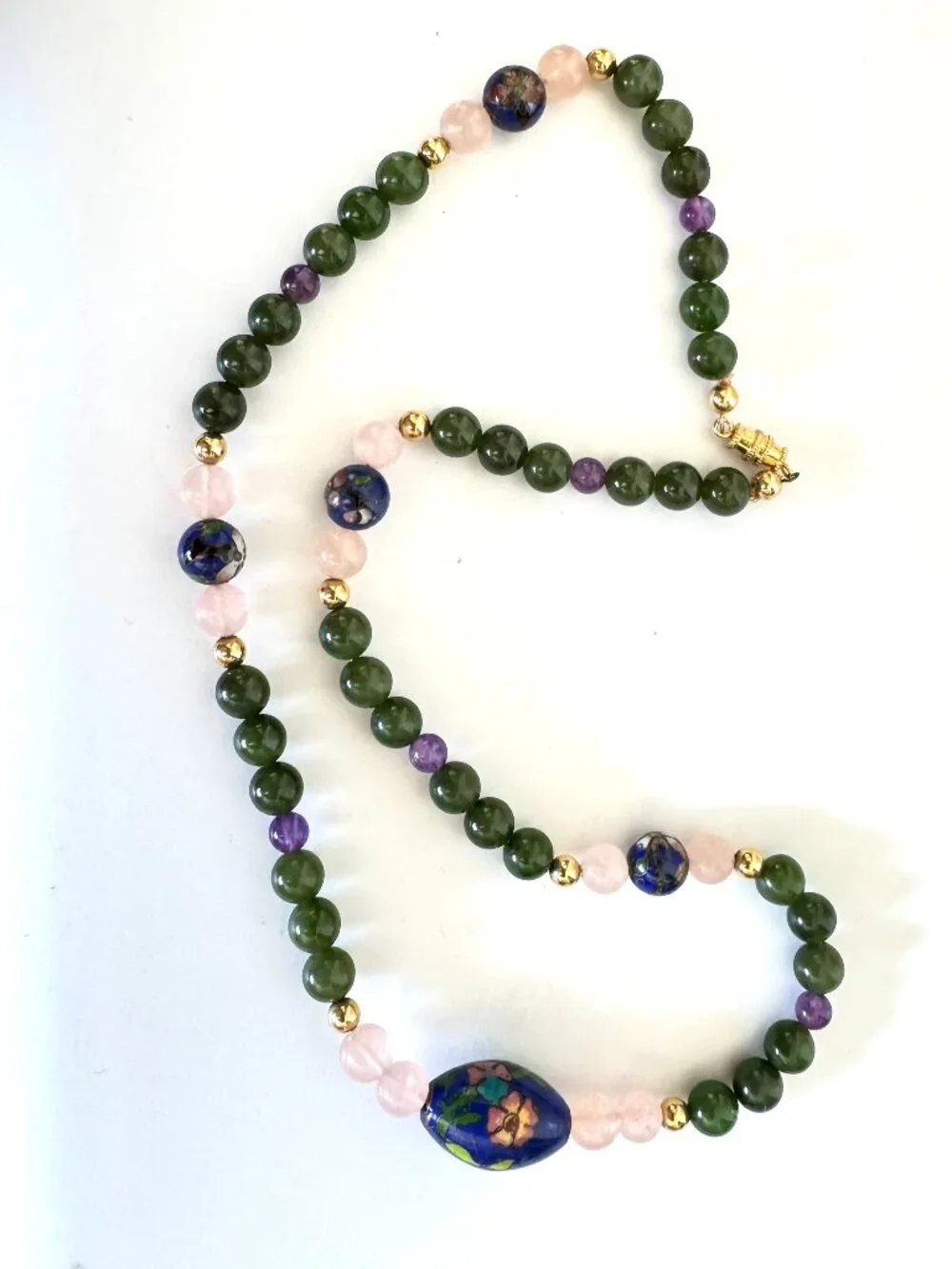 Necklace Jade Beads with Enamel Cloisonne, Rose Quartz, Amethyst and Gold 22